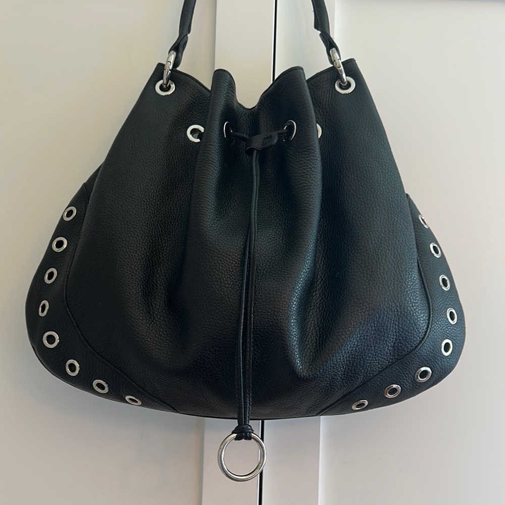 Furla Black Leather Drawstring Hobo with Silver Eyelets
